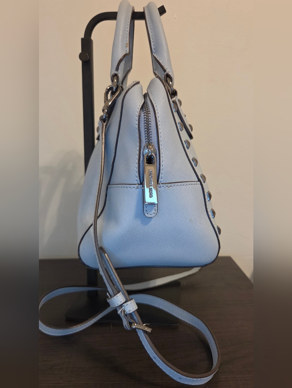 Michael Kors Studded Saffiano Leather Satchel Crossbody Light Blue Gunmetal - Picture 4 of 12